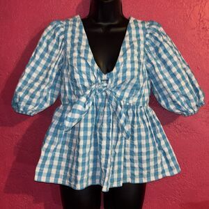 Lilly Pulitzer Sarafina Turquoise & white Gingham cotton blend Blouse. Sz 8.